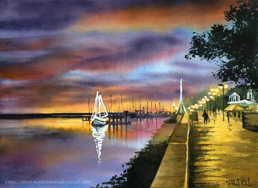 Twilight Ria Formosa Olhao Portugal painting by Dora Hathazi Mendes