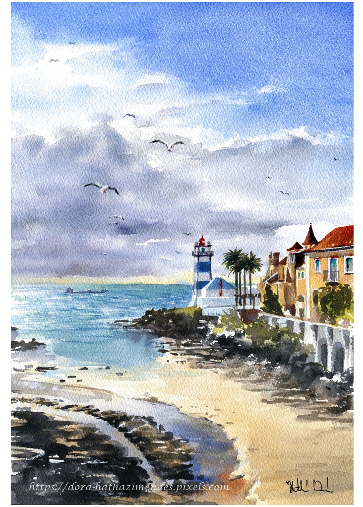 Cascais Lighthouse Portugal Paintings by Dora Hathazi Mendes Karavella Atelier