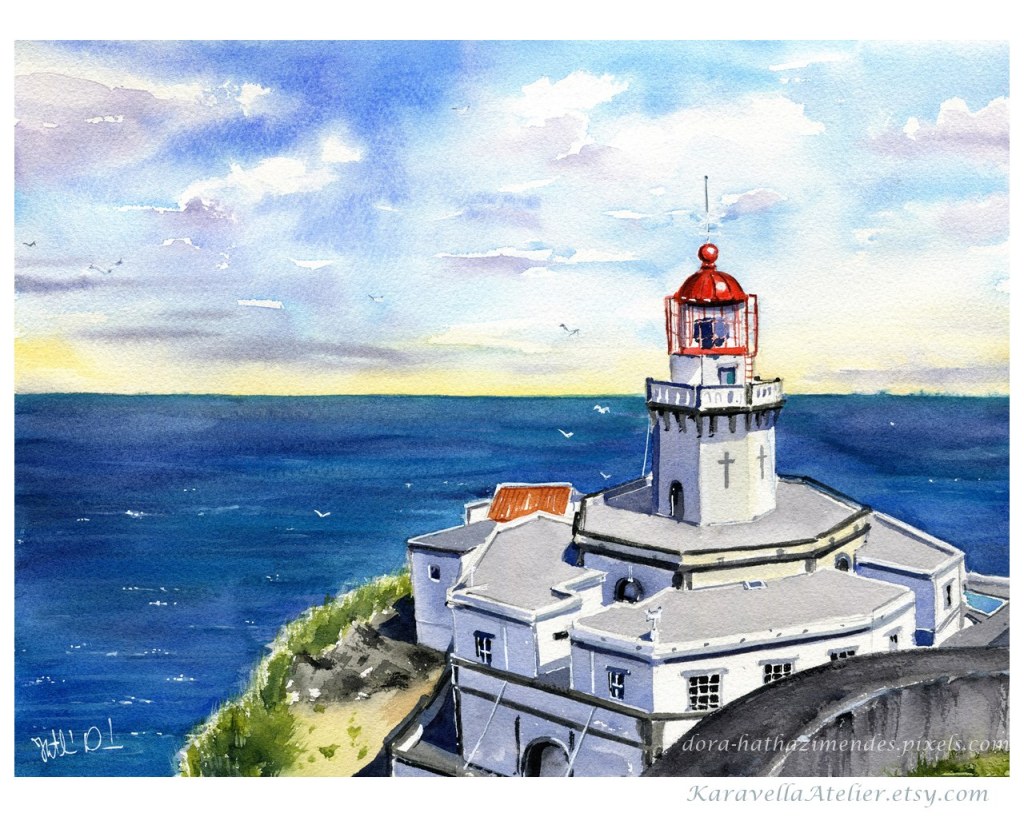 Azores Ponta Do Arnel Lighthouse watercolor by Dora Hathazi Mendes