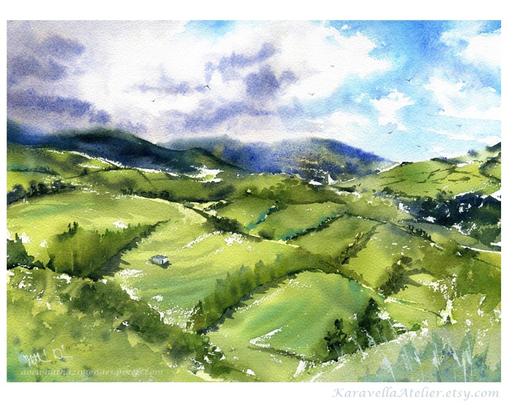 The Green Island of Azores watercolor painting by Dora Hathazi Mendes 