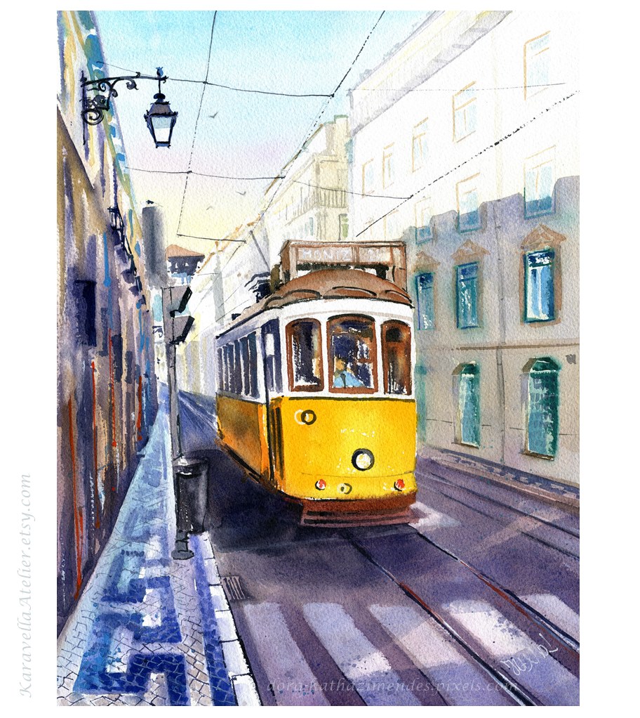 Yellow Tram in Lisbon Portugal Paintings by Dora Hathazi Mendes