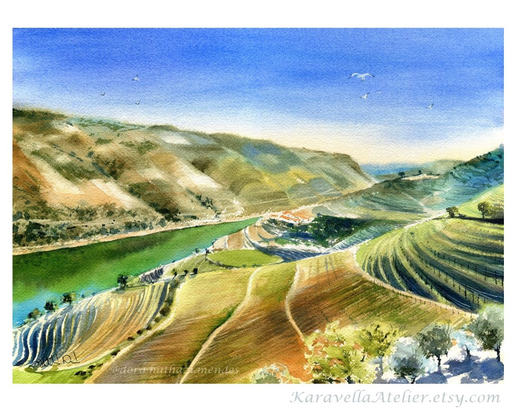 Douro Valley Scenery Original handmade watercolor painting by Dora Hathazi Mendes