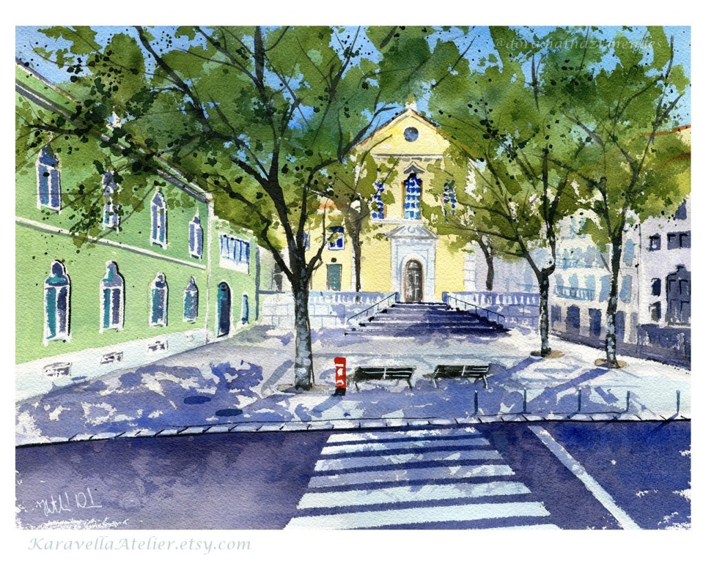 Igreja Sao Mamade in Lisbon Portugal oreiginal handmade watercolor painting by Dora Hathazi Mendes