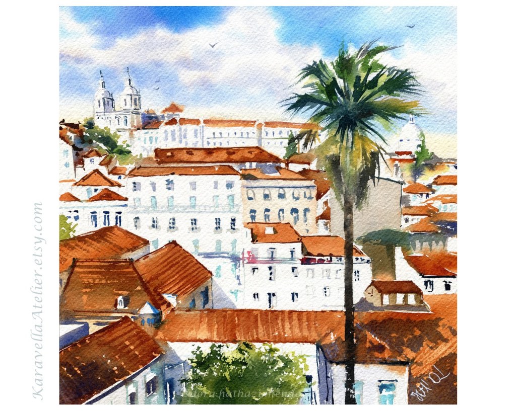 Lisbon Alfama View original handmade Watercolor painting by Dora Hathazi Mendes