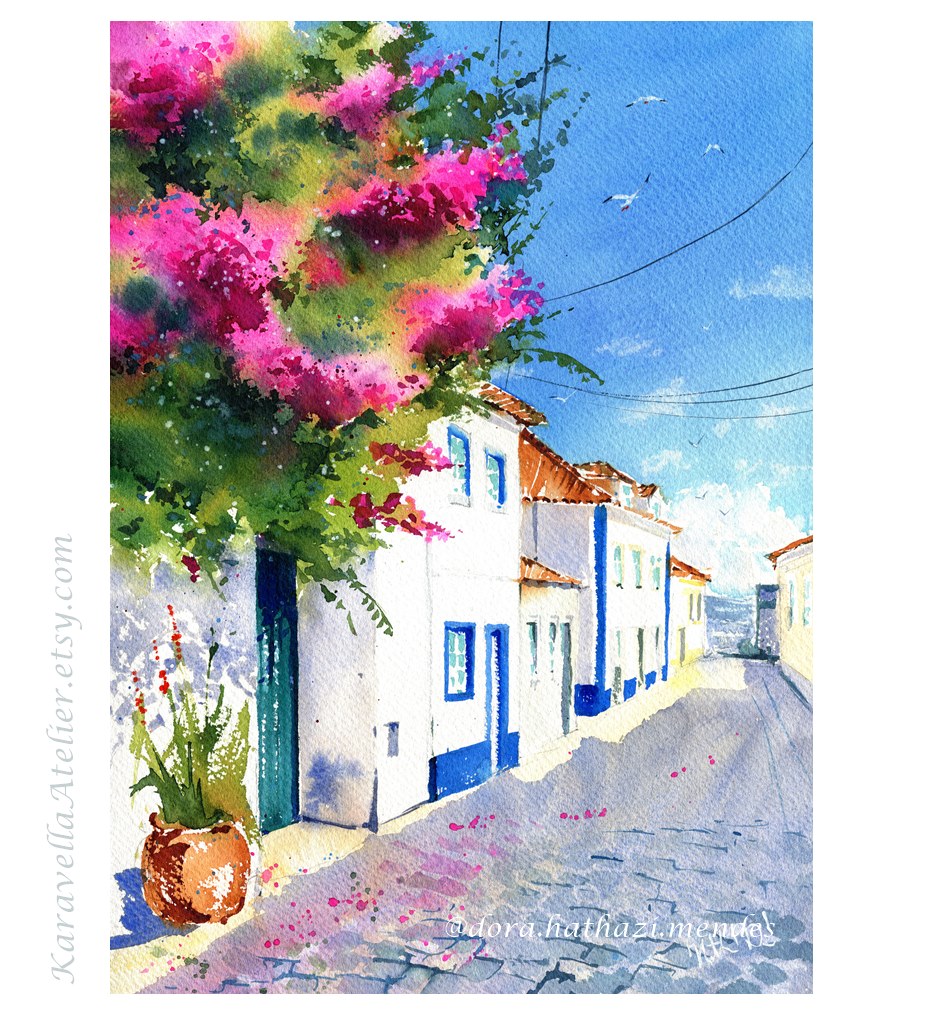 Ericeira Street with Bougainvillea Portugal Painting by Dora Hathazi Mendes Karavella Atelier