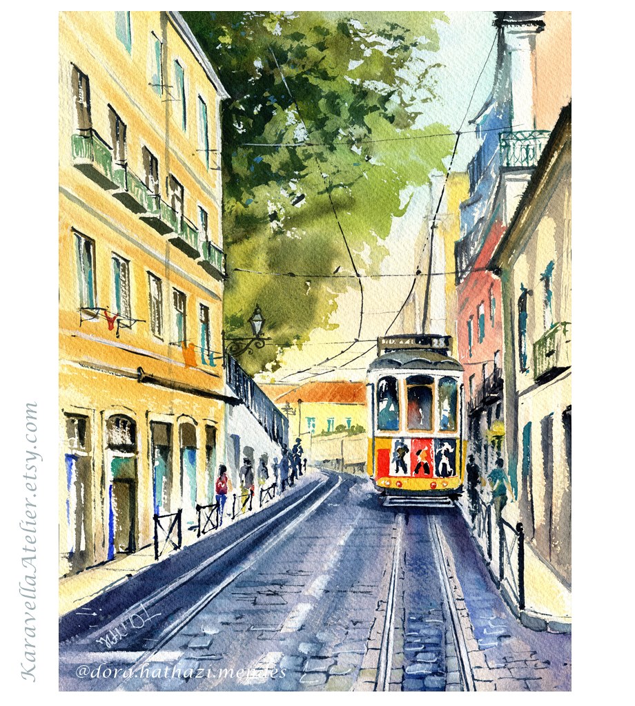 Lisbon Tram At Rua Augusto Rosa Portugal Watercolors by Dora Hathazi Mendes Karavella Atelier