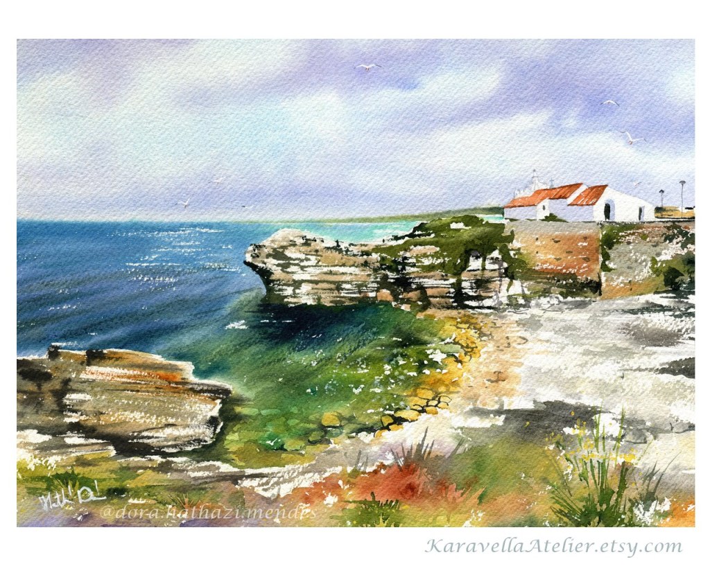 Capela do Baleal in Peniche Portugal original handmade watercolor Painting by Dora Hathazi Mendes