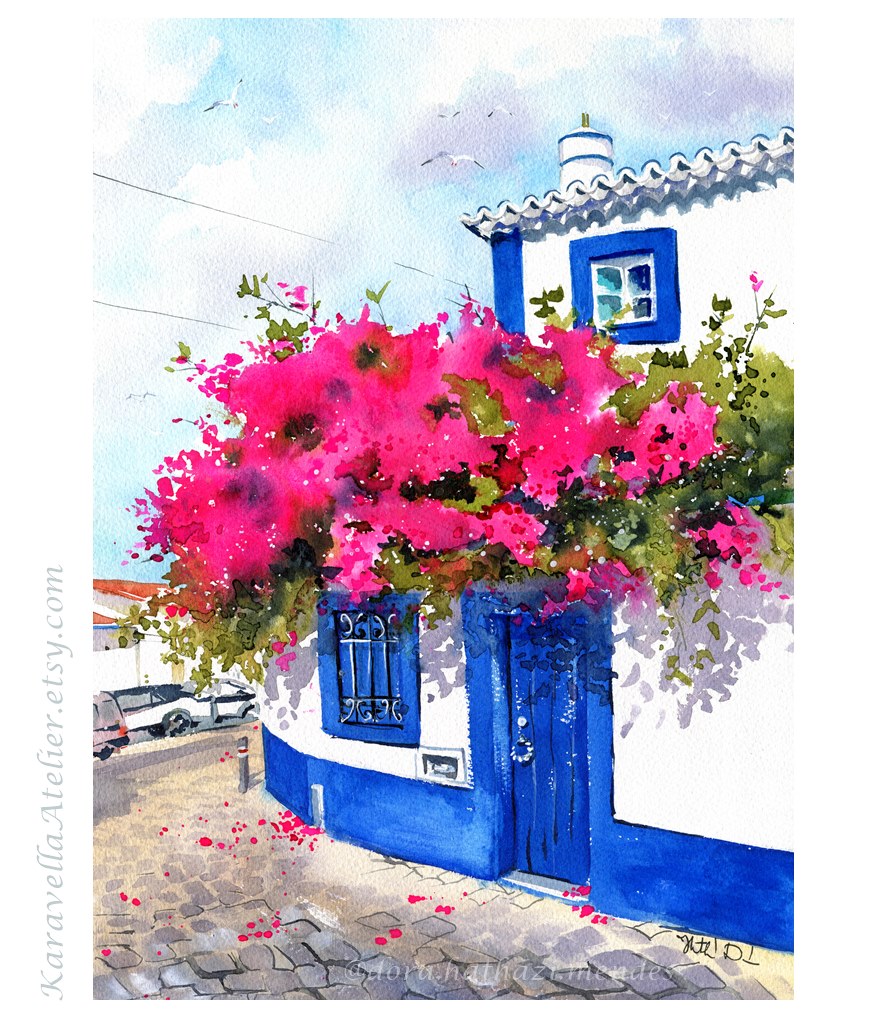 Ericeira House With Bougainvillea original handmade watercolor painting by Dora Hathazi Mendes